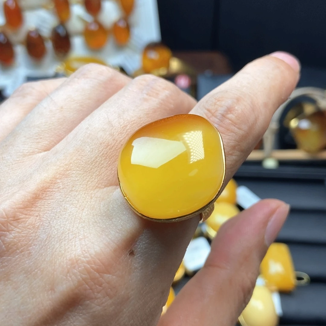 琥珀银S925镀金镶嵌戒指