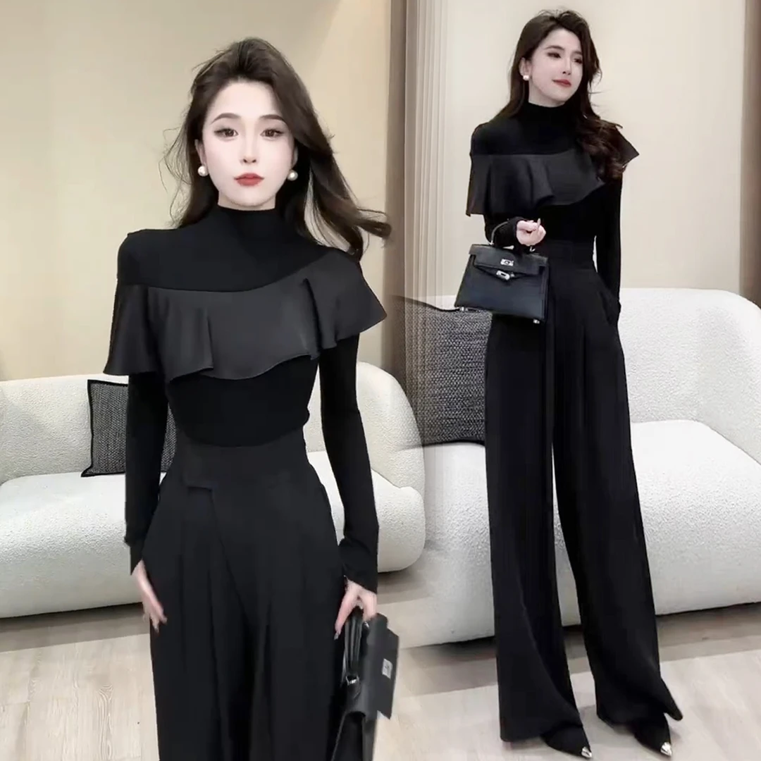 拉夏贝尔设计感半高领长袖t恤女春秋季2025新款修身显瘦黑色上衣