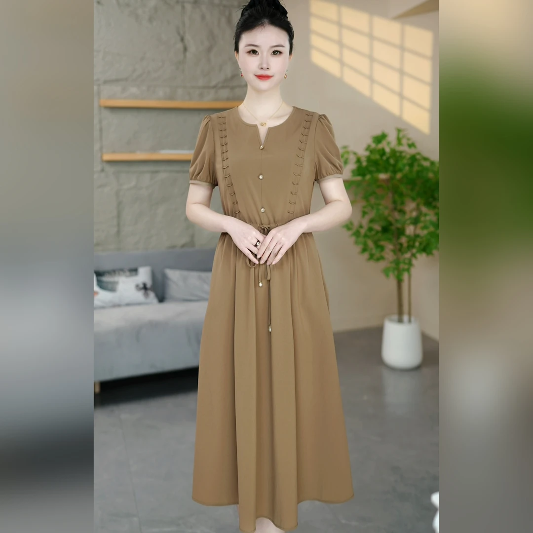 2025新款夏季气质修身收腰显瘦洋气中长款连衣裙短袖时尚妈妈装
