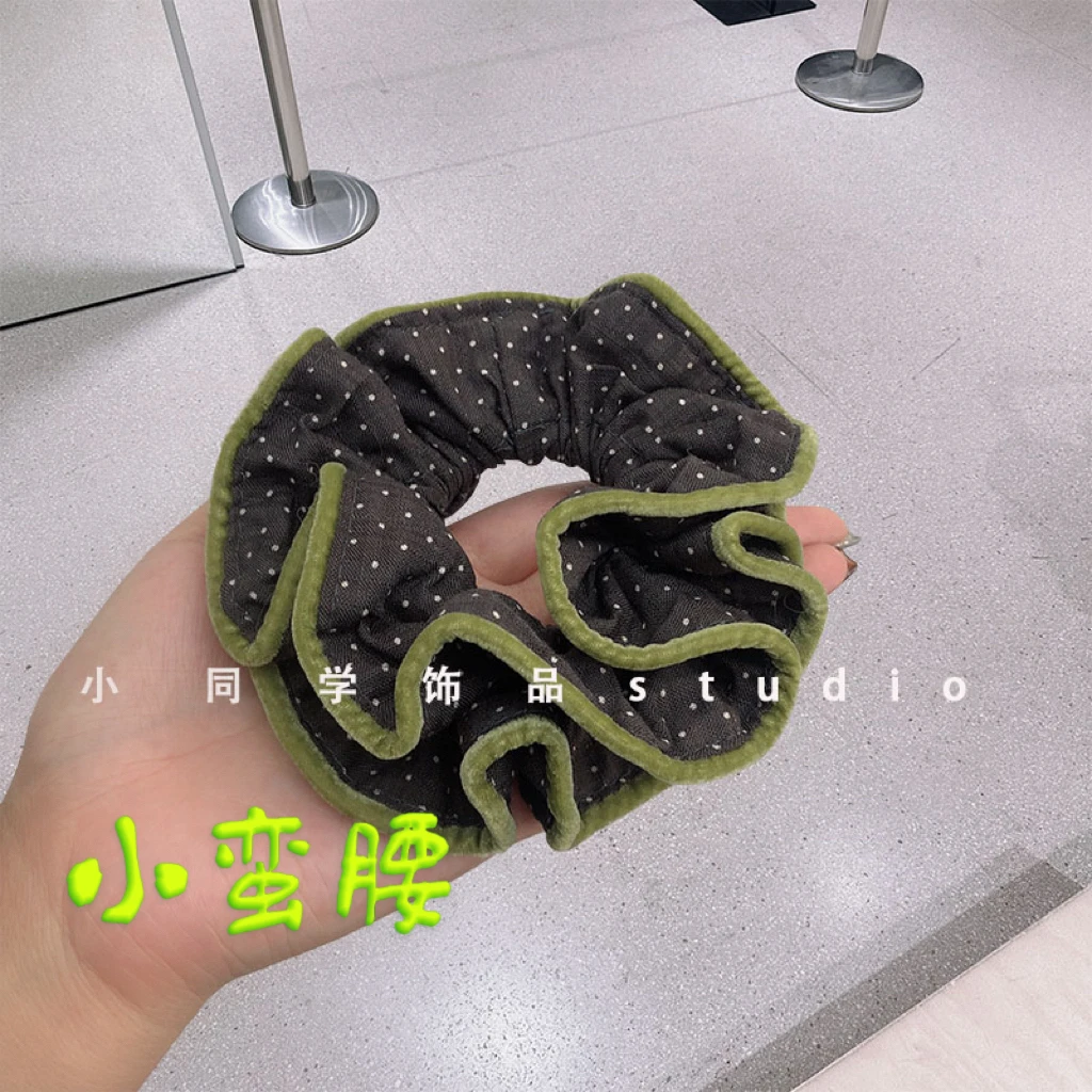 韩国发饰2025新款进口棉麻波点绿色丝绒小蛮腰发圈发绳头饰头绳