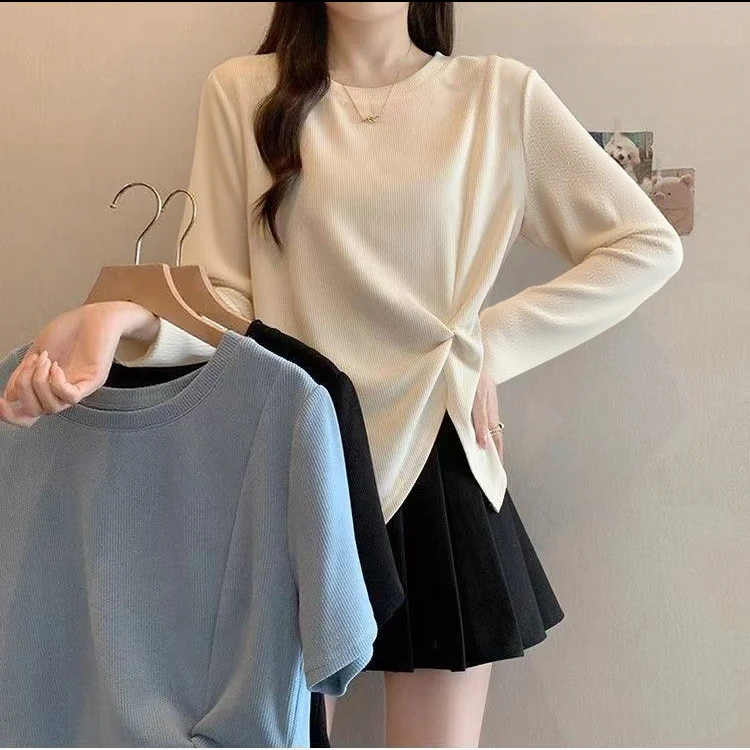 大码杏色正肩t恤长袖女2025新款秋季胖mm不规则遮肚显瘦微胖上衣