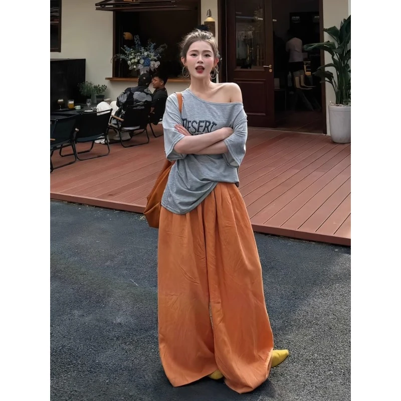 巨好看ins慵懒风夏天套装女宽松露肩短袖上衣阔腿长裤时尚两件套