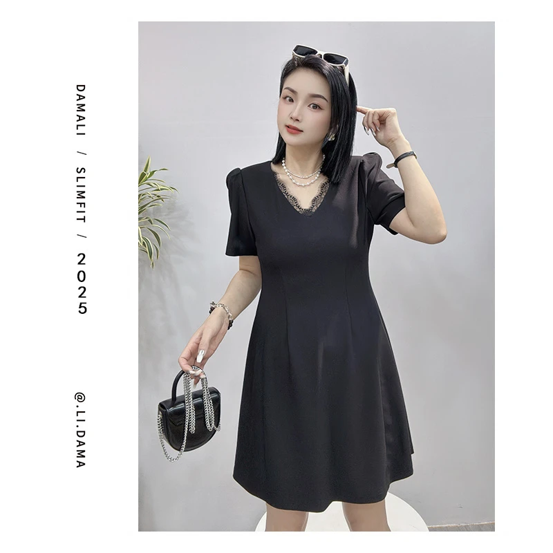 大码利-夏上新【法式V领蕾丝边】韩版连衣裙女气质
