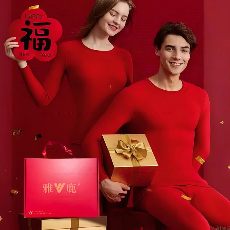 雅鹿鸿运秋衣秋裤男女套装结婚本命年羊毛蚕丝大红色加绒保暖内衣