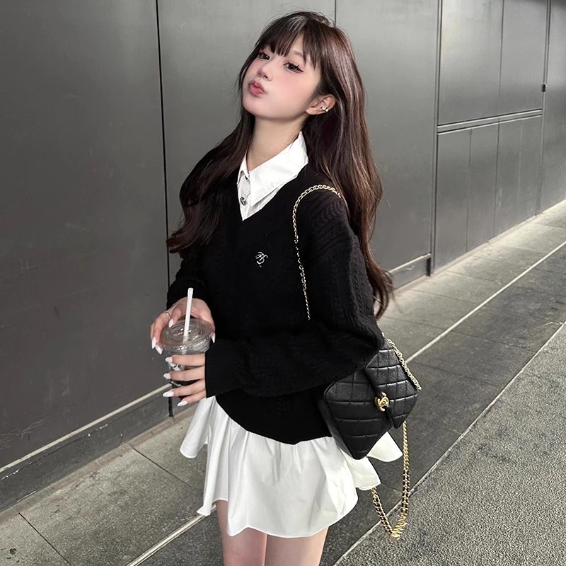 刺绣早秋韩系麻花学院风黑色新款女装秋季时尚高级感套头针织