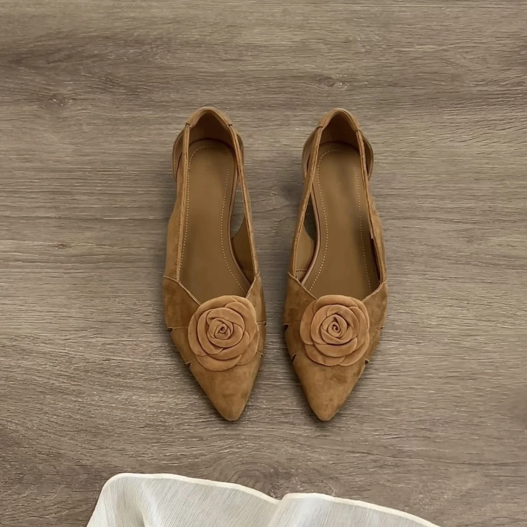 Dannyfrey法式复古女名媛尖头玫瑰花女绒面镂空浅口包头单鞋3CM