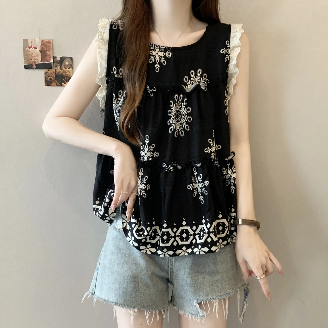 大码设计感复古度假风无袖上衣女夏季新款显瘦木耳边减龄甜美T恤