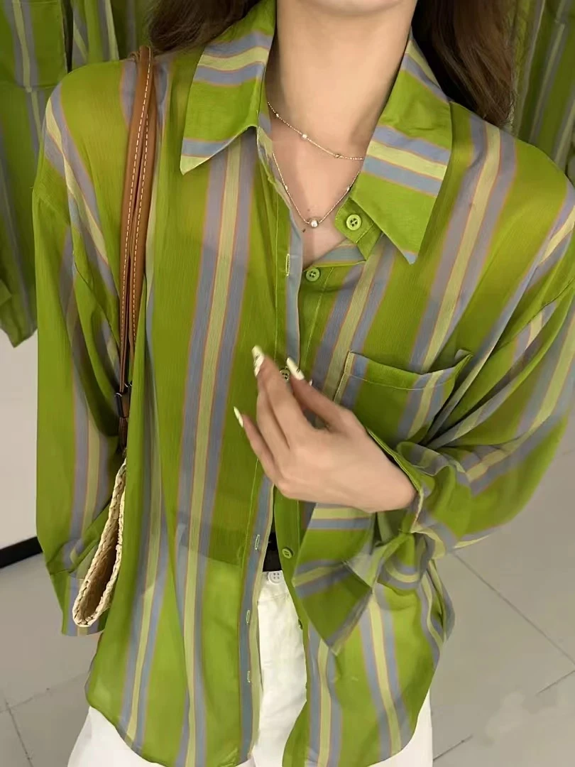 【绿野仙踪】陈思思夏季百搭休闲时尚绿色条纹气质小众衬衣防晒衬衫