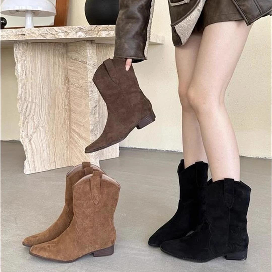 粗跟复古西部牛仔靴马丁靴女鞋2025新款秋冬季绒面V口瘦瘦短靴子