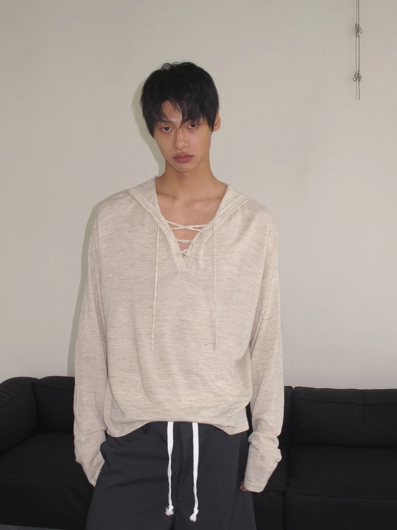 weave 燕麦白连帽绑带长袖针织衫男女慵懒松弛感早秋薄上衣宽松