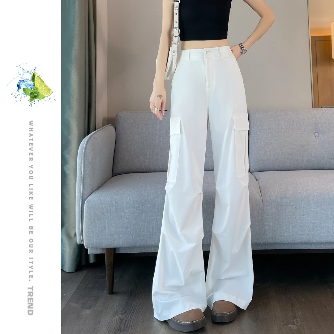 裤子白色美式工装裤女夏季新款休闲设计感高腰宽松直筒阔腿登山裤