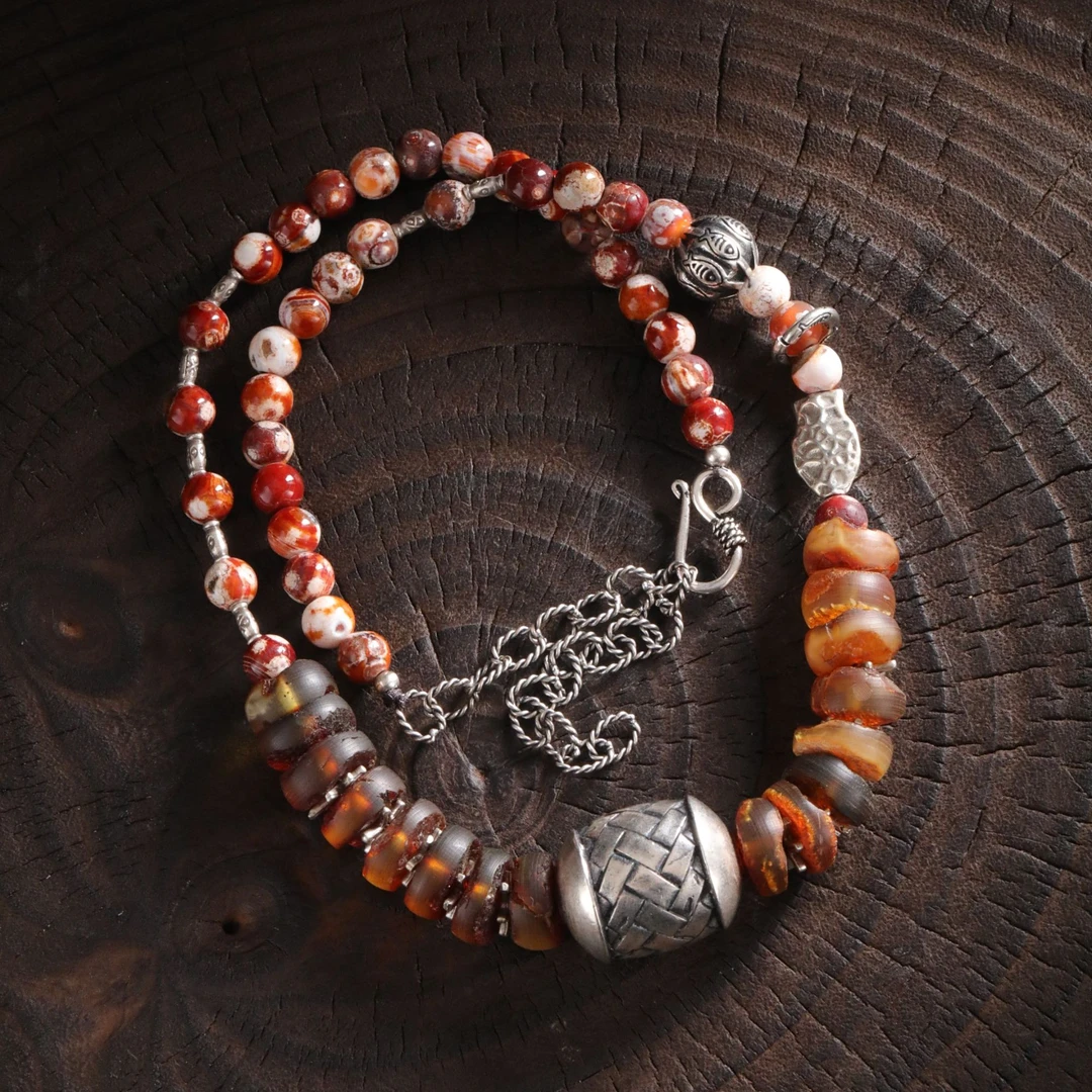 N15915<非晚>S925银复古做旧编织桶珠老琥珀古玛瑙项链多样性发