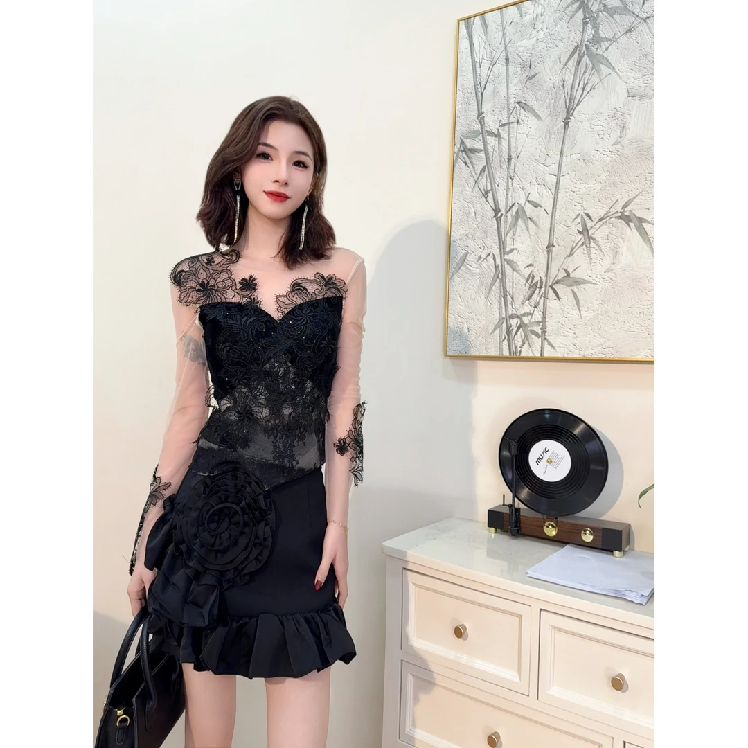 设计师新款上衣显瘦网纱拼接外穿修身显瘦设计感 91521