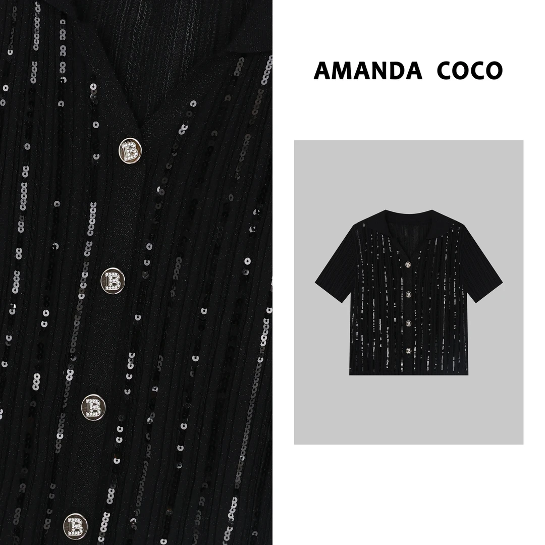 KEY# 松弛简奢～2025春夏重工细闪亮片气质polo领短袖针织衫