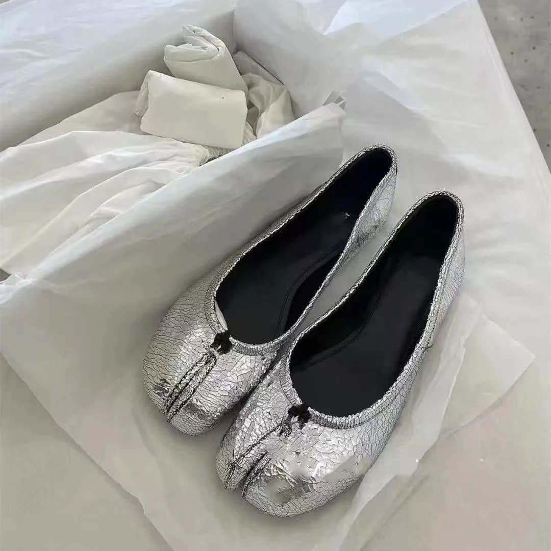 高定分趾鞋浅口平底马猪蹄爆裂纹芭蕾舞亮片真皮女单鞋