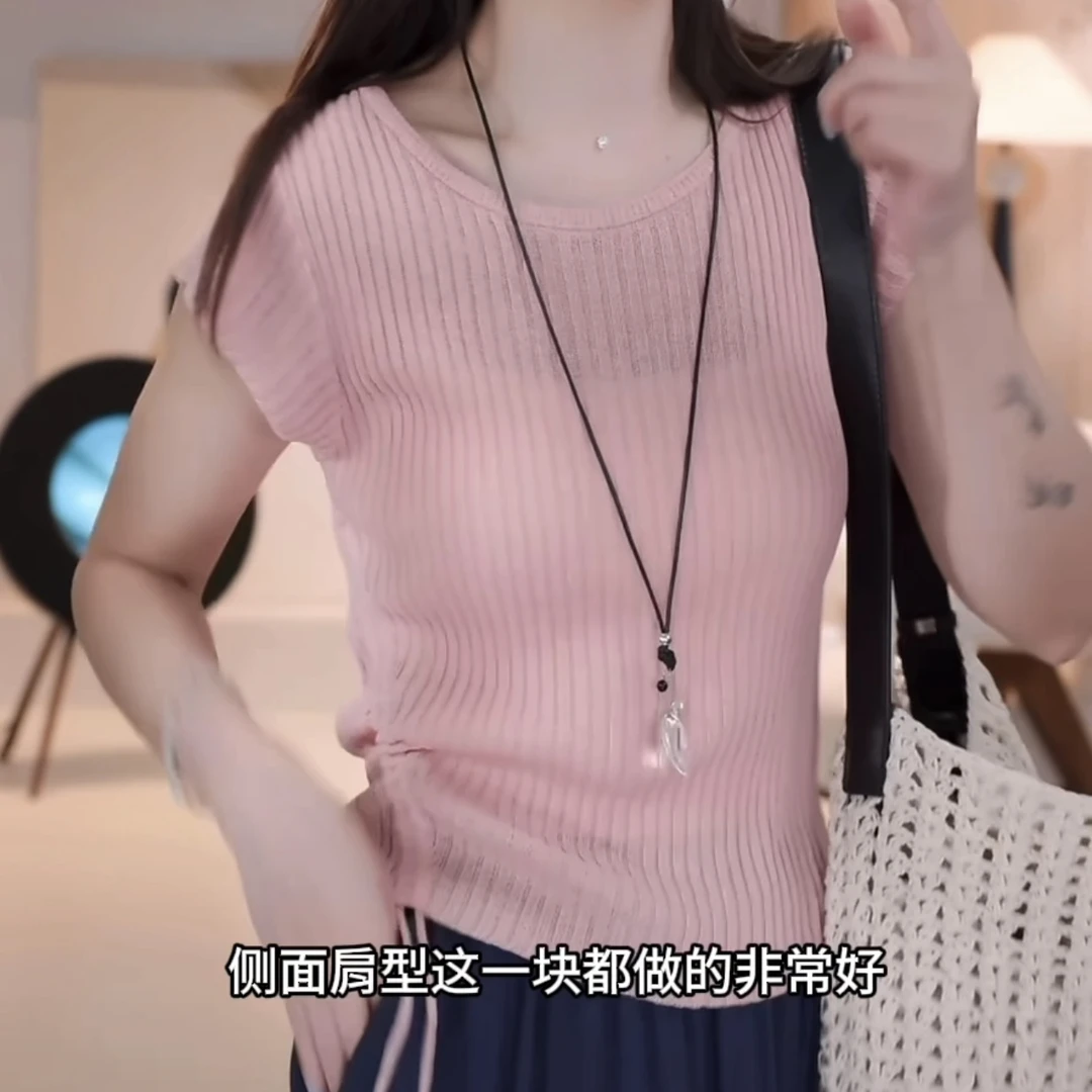 洋气纯色简约慵懒设计感新款短袖抽绳针织衫上衣显瘦短款1092