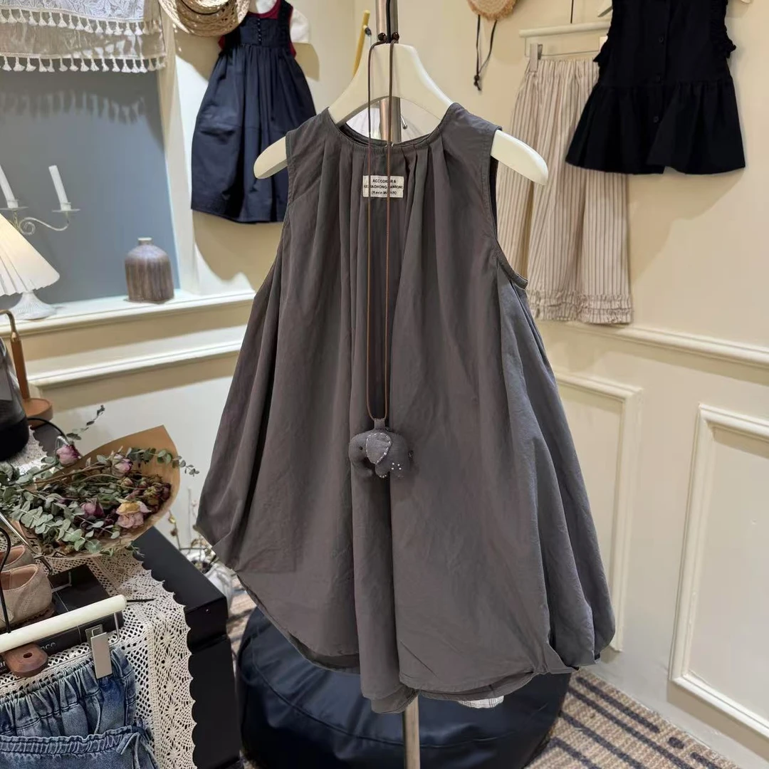 【卢斯日记】夏季无袖女童连衣裙宽松长款纯色韩版气质休闲百搭简约