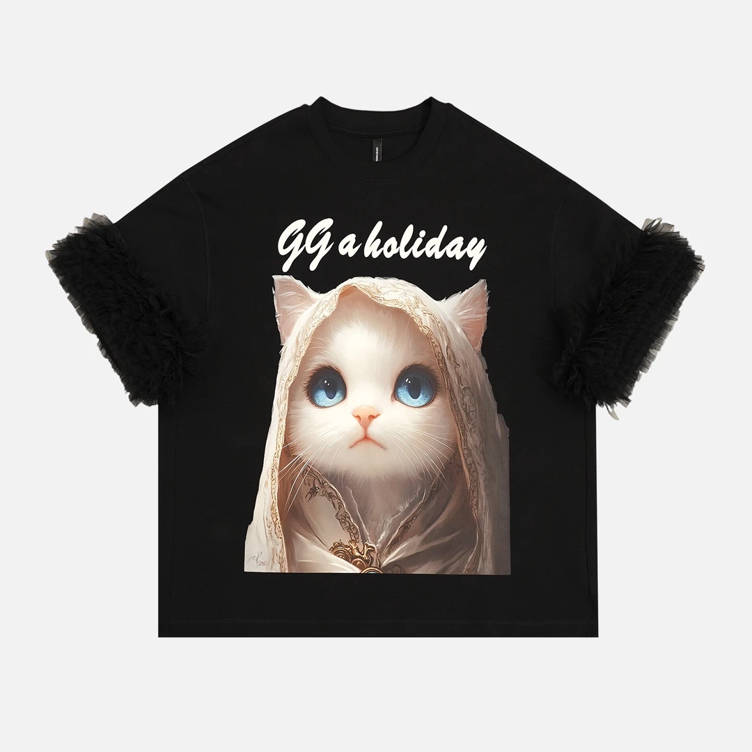 25N夏季新轻奢高级美式街头潮流蕾花边“异域舞猫”短袖大T 152531