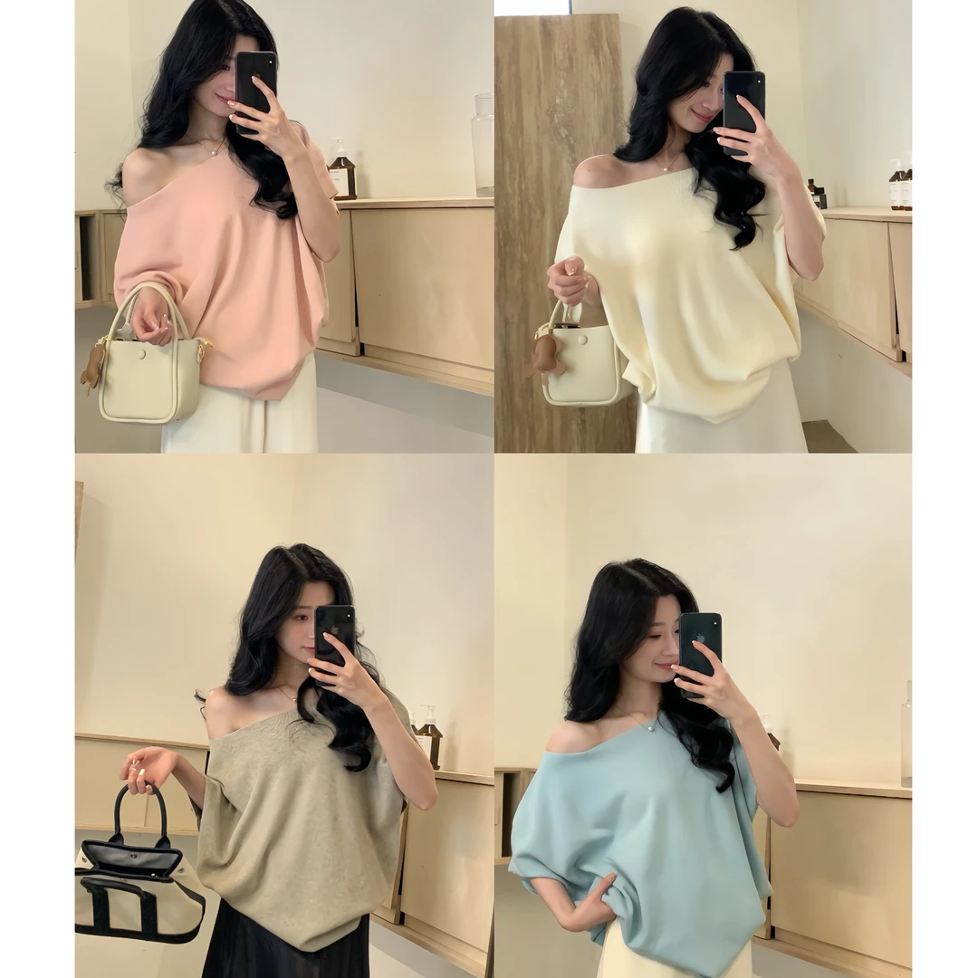 A斜肩蝙蝠袖针织T恤女夏季百搭慵懒宽松显瘦上衣6115#