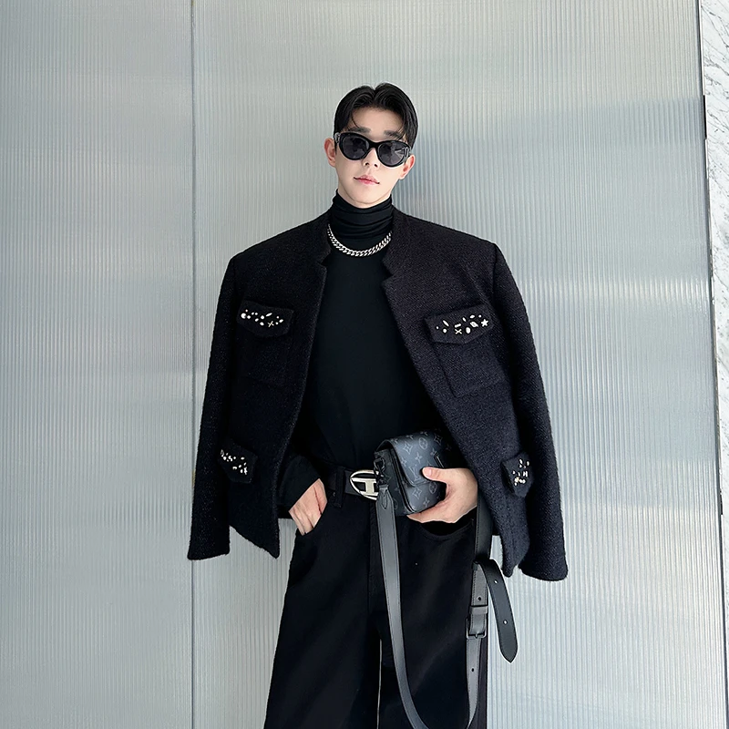 秋冬高级感气质毛呢夹克男小众重工镶珠设计感网红小香风无领外套