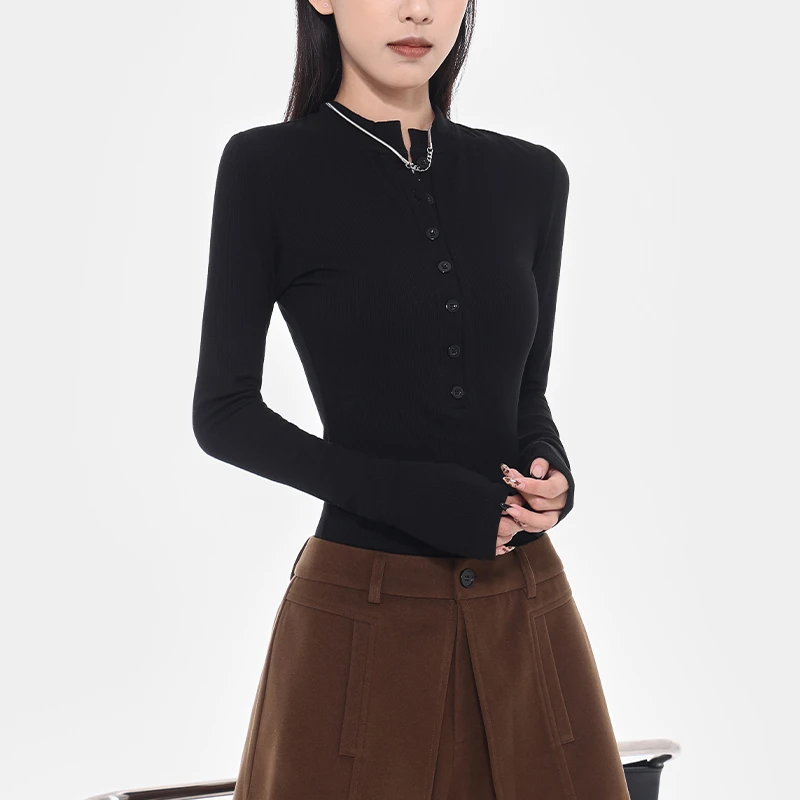 KEN STUDIO2025秋冬新款黑色修身显瘦长袖T恤女半开领正肩打底衫