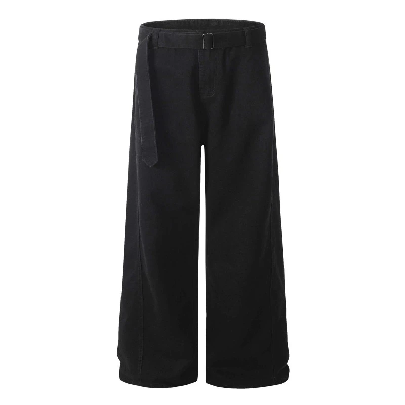 欧美简约百搭个性潮流宽松阔脚直筒休闲长裤腰头绑带黑色牛仔裤潮