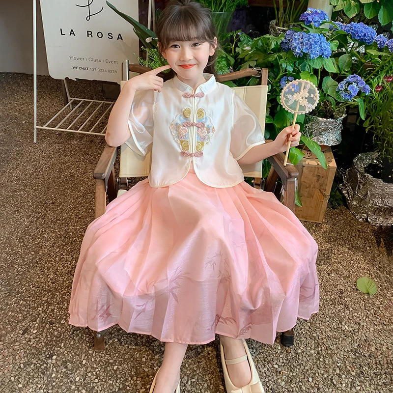 夏季新款女童短袖裙子潮范公主风连衣裙套装大童莼色花朵图案童装