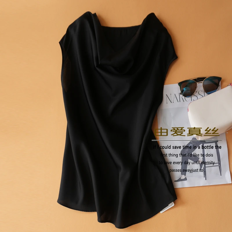 荡领短袖气质女士真丝衬衫春夏百搭宽松纯色内搭黑色桑蚕丝上衣