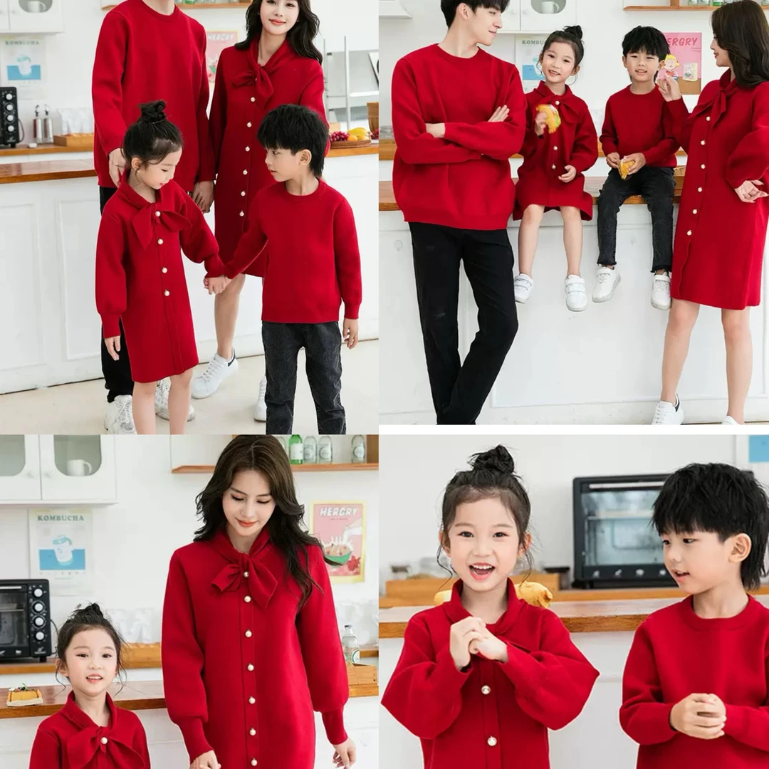 影楼摄影服装新年全家福拍照衣服 红毛衣拍照衣服表演演出服装