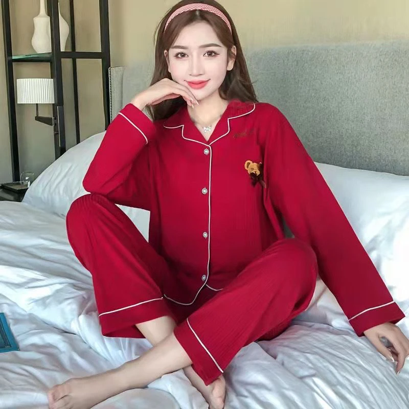 四季纯棉刺绣甜美小熊女士睡衣家居服