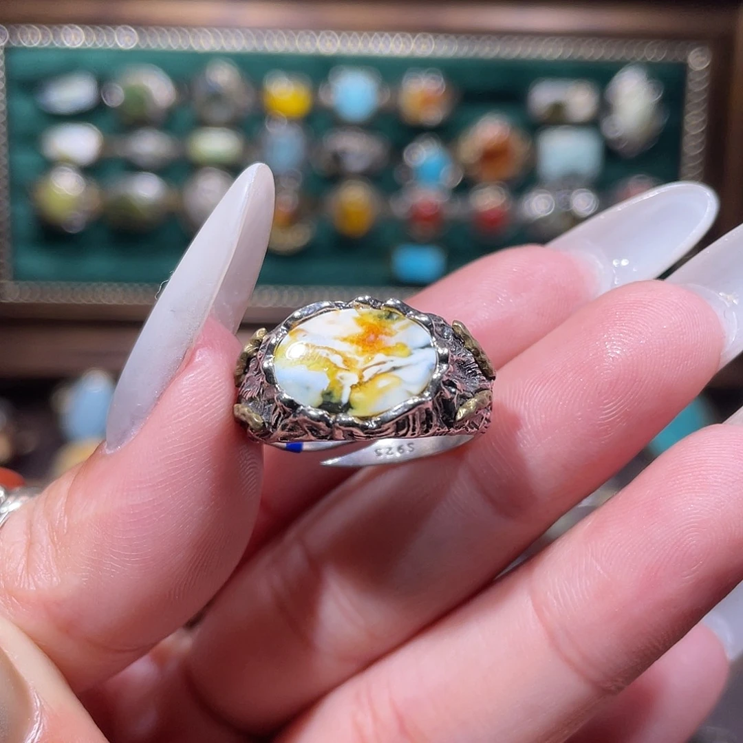 琥珀银S925镶嵌戒指