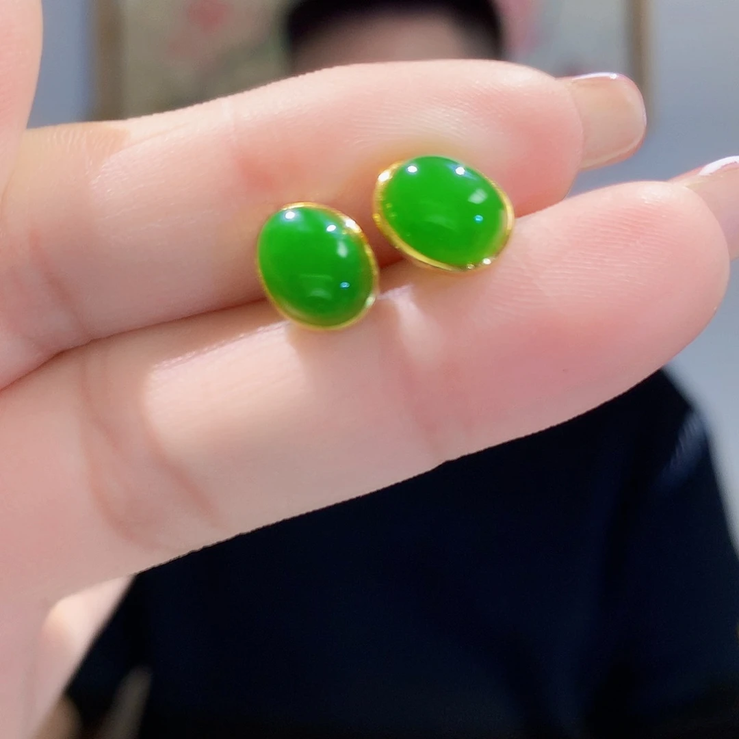 和田玉（碧玉）耳饰银S925镀金镶嵌