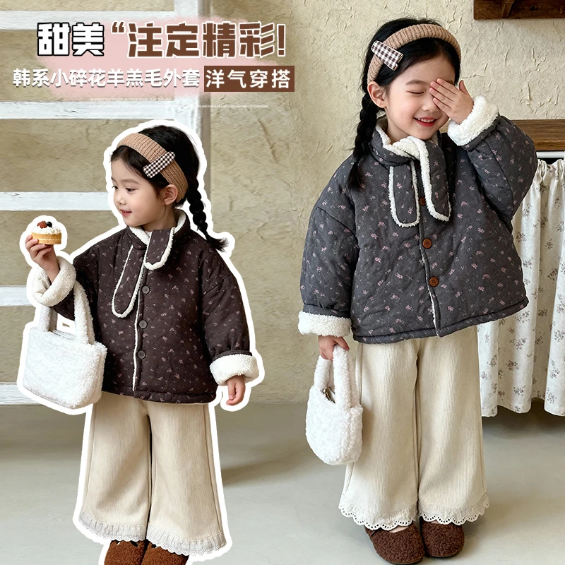 女童棉服女宝碎花翻领高领棉袄棉服女童加绒加厚保暖韩系冬款棉服