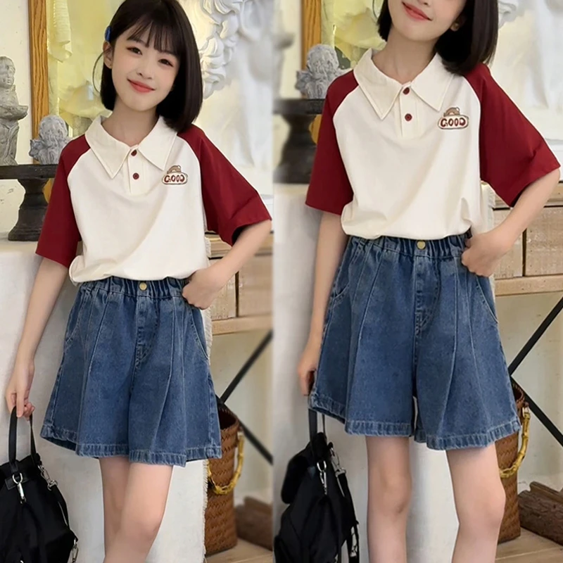 女童夏季牛仔短裤套装时尚Polo衫T恤上衣中大童两件套洋气百褶裙