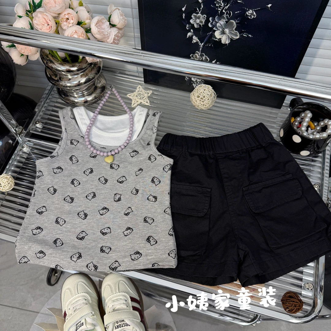 女童2025夏季新款灰色小猫假两件背心上衣黑色工装裤套装韩版洋气