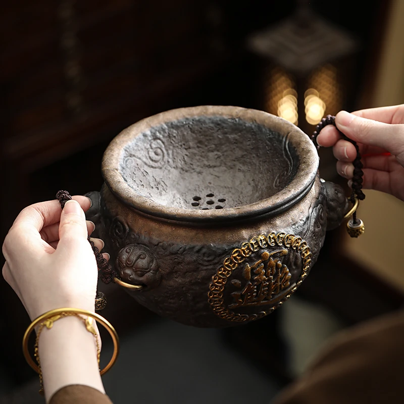 茶洗家用粗陶茶水缸百搭双层过滤水盂鎏金建水茶渣缸废水桶茶杯洗