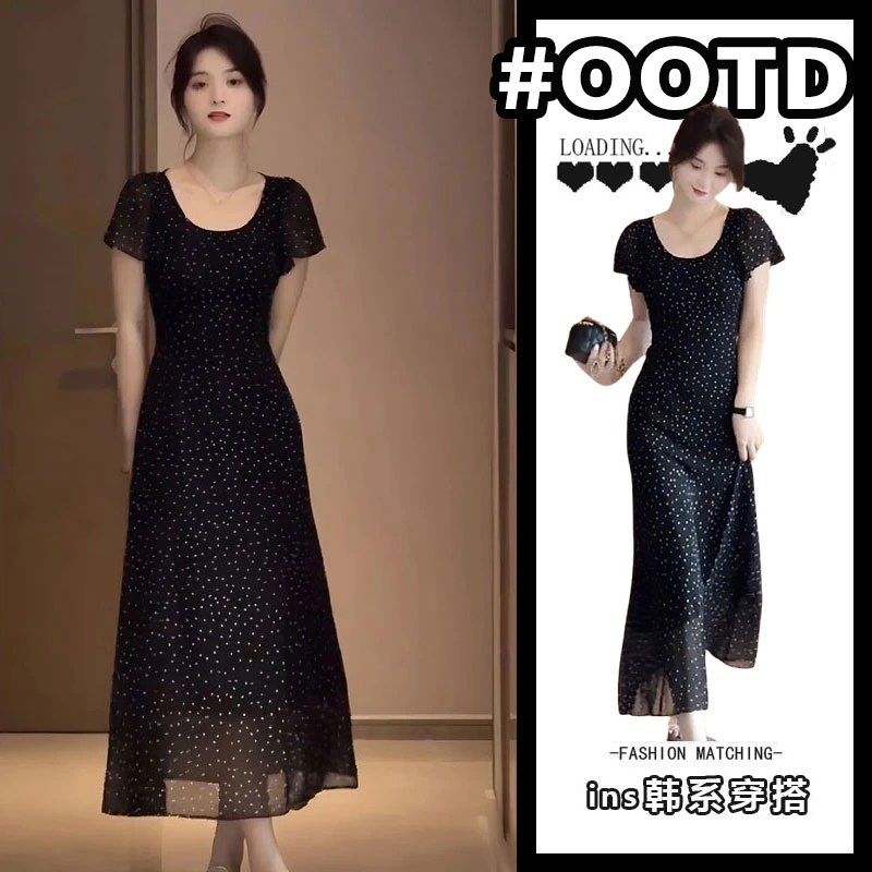 高级感气质黑色波点连衣裙女夏季2025新款收腰洋气减龄小个子长裙
