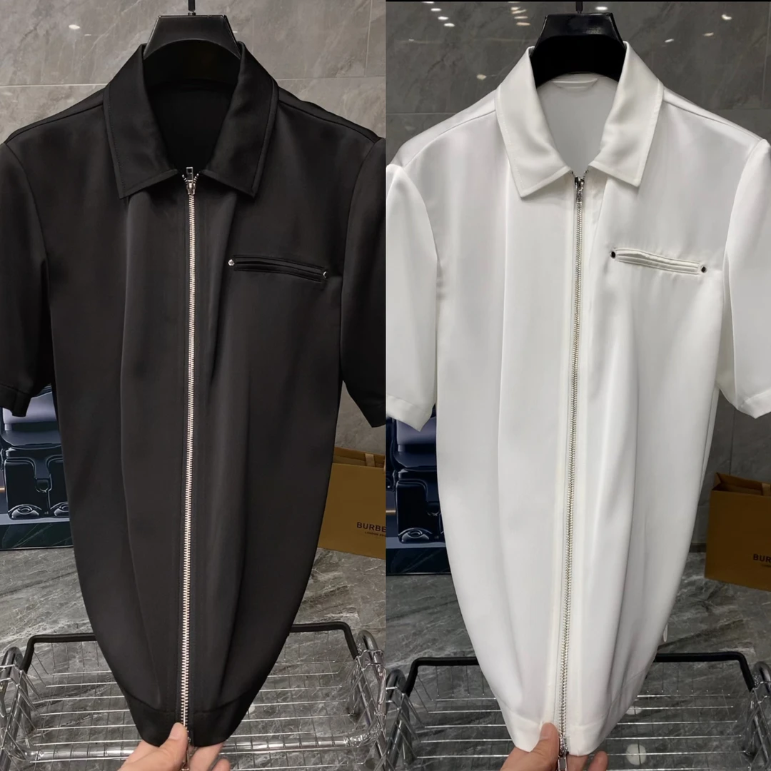 夏季新款男士轻奢时尚休闲百搭高级感拉链翻领短袖T恤 2910