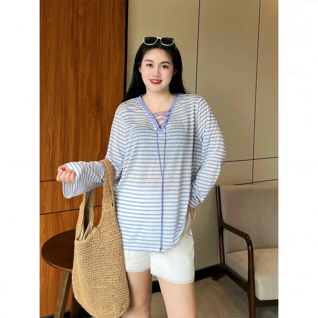 断码捡漏F雪国零时 / 莱塞尔清爽条纹V领t恤衫15076花契大码200斤