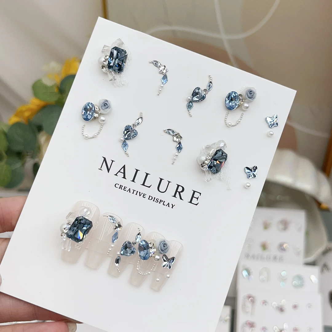 【陌上草薰】美甲饰品材料包淡雅蓝冰糖鸽子蛋成品堆钻指甲组合钻包