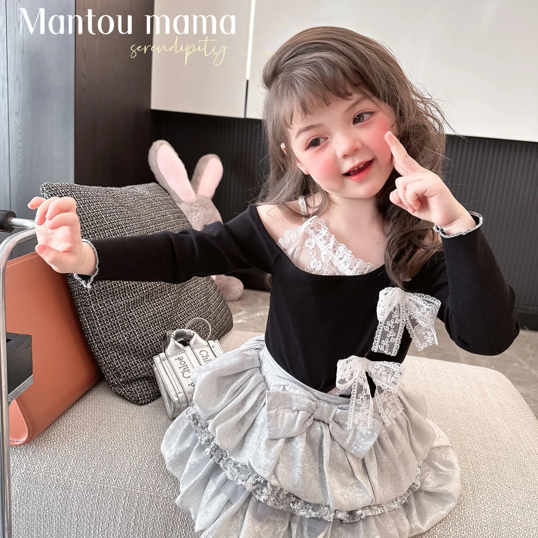 【新款】蕾丝拼接设计款上衣女童春秋精致百搭修身长袖