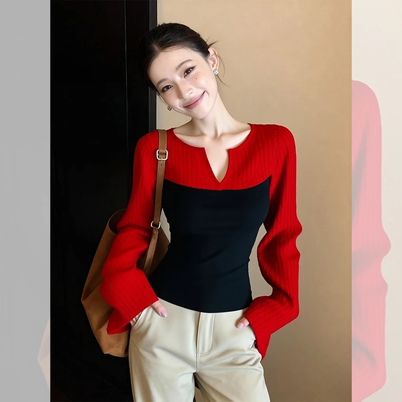 别致独特漂亮红色v领针织打底衫毛衣内搭设计小众小衫上衣女秋冬
