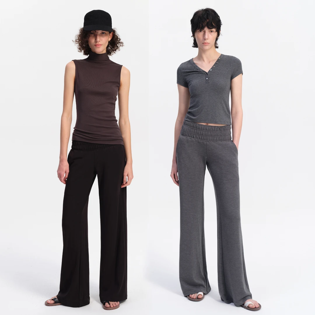 SMIIILE抽褶腰头中高腰直筒休闲卫裤女垂坠感拖地长裤 灰色/黑色