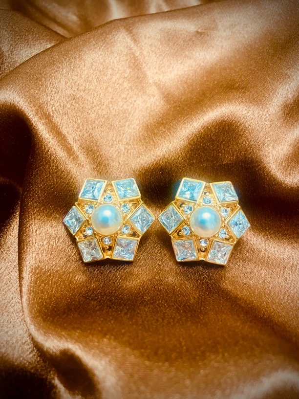 铜合金合成锆石耳饰 Vintage几何花朵闪钻珍珠耳饰