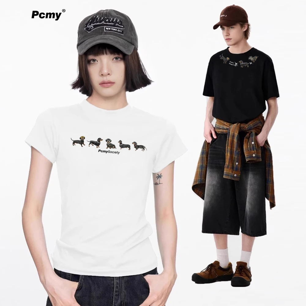 PCMY珍珠小狗国潮牌短袖T恤2025夏季不一样情侣装长短款正肩半袖