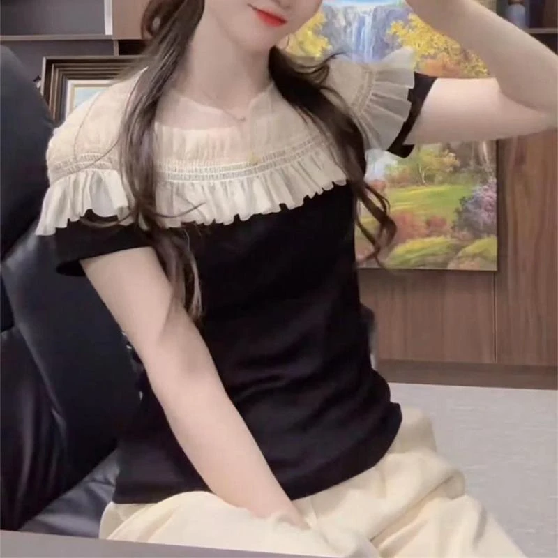 时尚法式网纱拼接短袖T恤衫女夏修身显瘦一字肩高级撞色气质上衣