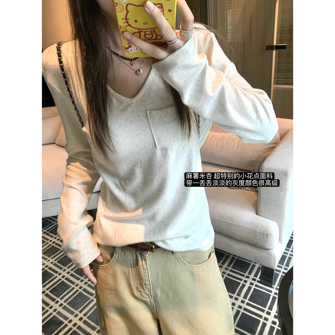 网红洋气炸街口袋针织打底长袖T恤女装秋冬内搭修身显瘦百搭上衣