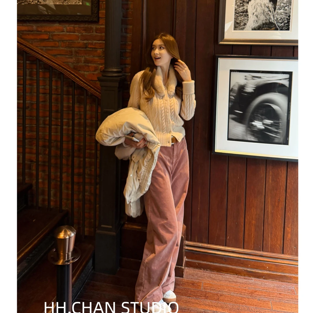 HH.CHAN“粉灯灯”定制棉粉色灯芯绒直筒显瘦百搭休闲裤HH53S39486