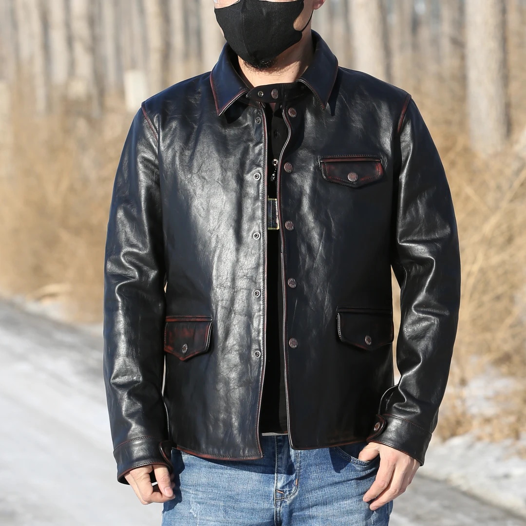 茶芯色小司闸员牛皮夹克男英伦翻领复古修身短款阿美咔叽真皮皮衣