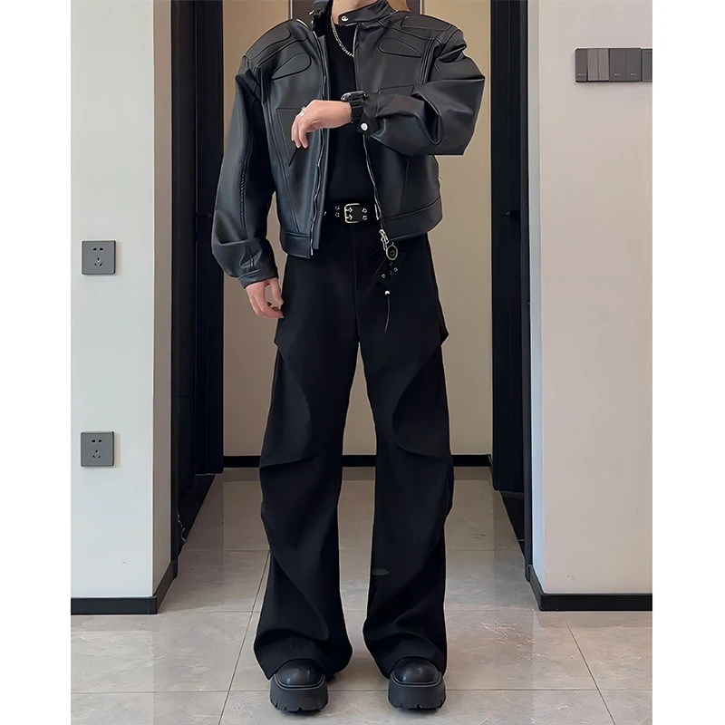 美式褶皱弯刀西裤男秋冬款cleanfit黑色裤子垂感高级感阔腿西装裤
